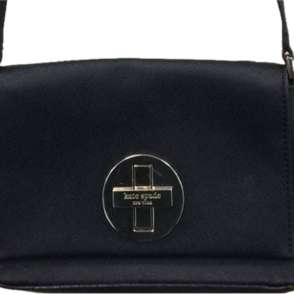 KATE SPADE : Crossbody Black Leather Bag, with stripped lining. - Picture 1 of 5